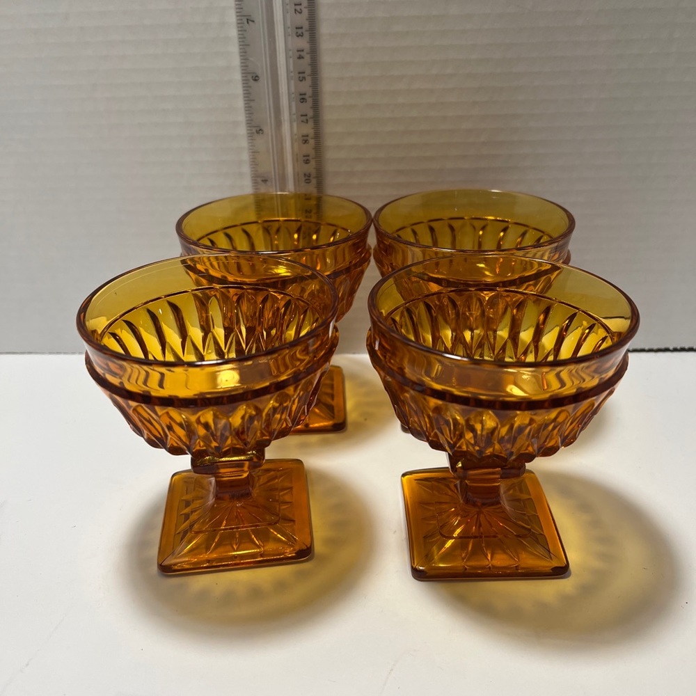 Vintage Indiana Glass Amber Diamond Point Mt Vernon glasses/desert